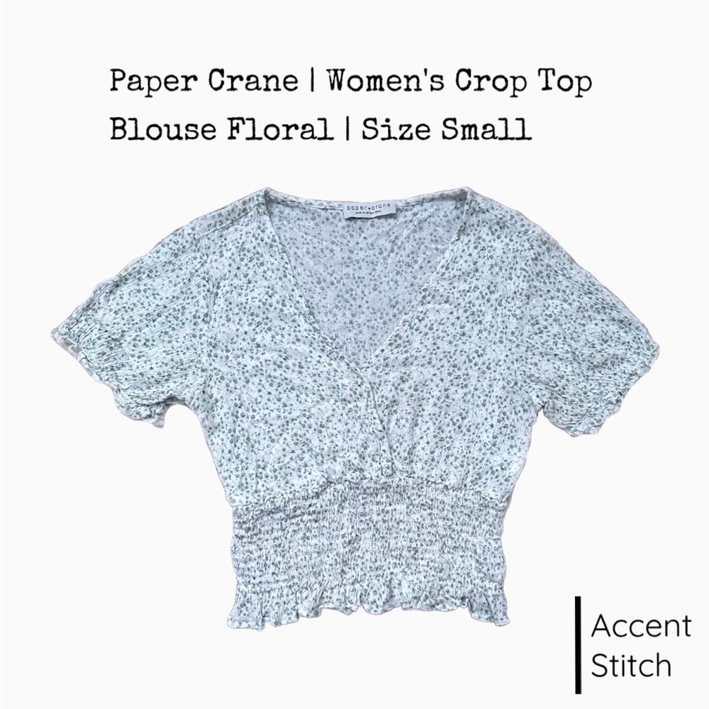 Paper Crane | Women’s Crop Top Floral Blouse White & Green V Neck | Size Small